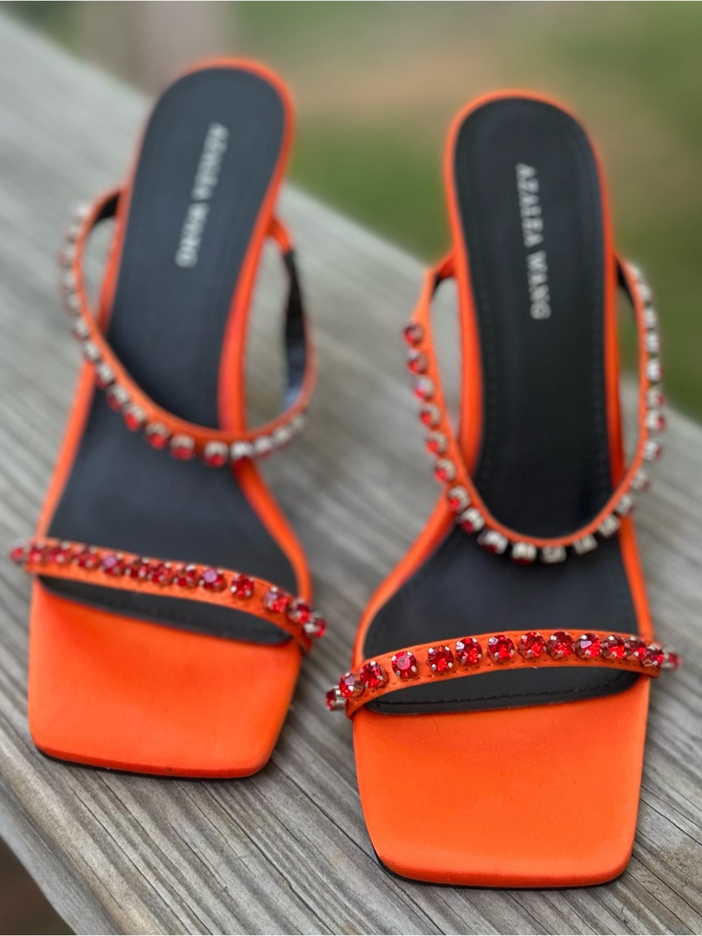 Azalea Wang Satin Orange Embellished Heeled Mules